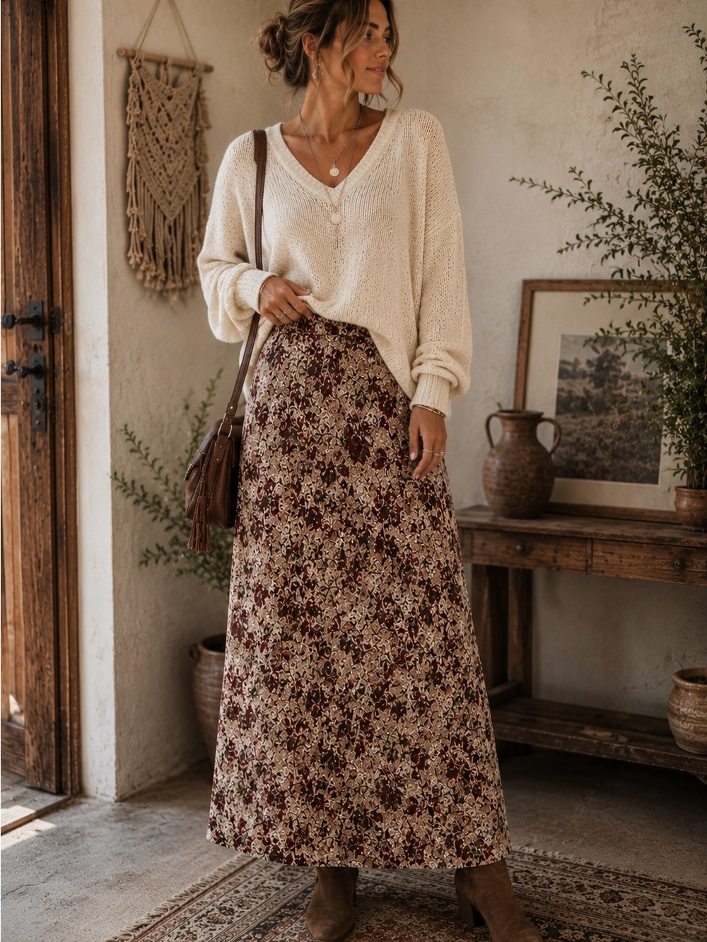Vintage J.Jill Petite 8P Floral Maxi Skirt NWT Rayon Lined Fawn Multi Y2K